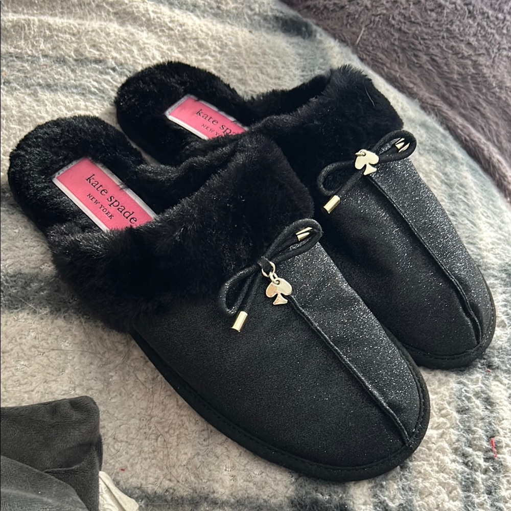 Kate Spade ♠️ Black fur lined Mule Slippers with Decorative Charm